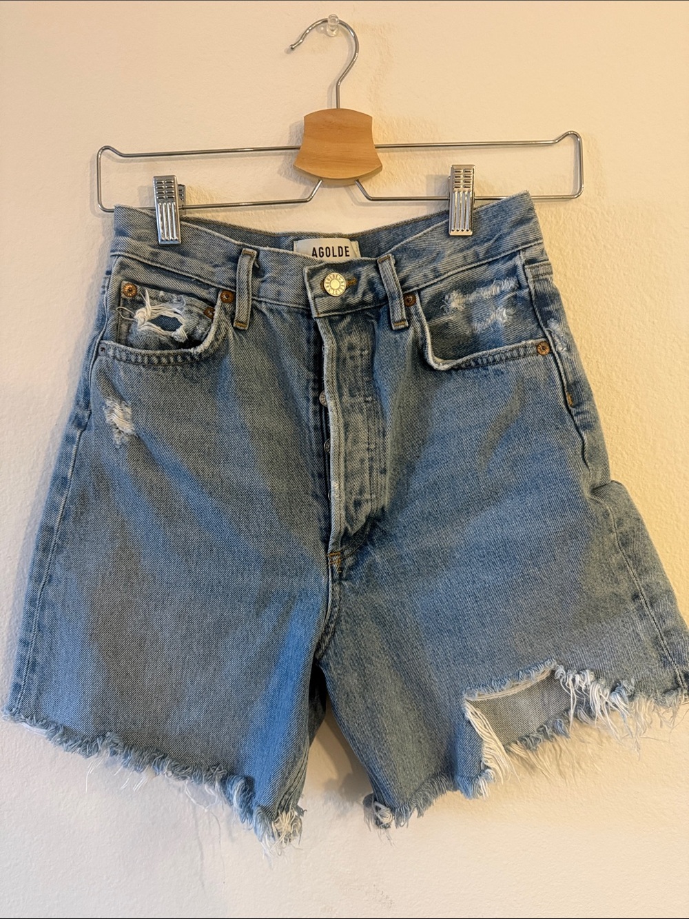 Agolde Stella Light Blue Distressed High-Rise Denim Shorts